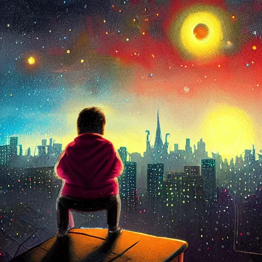 Image similar to a kid in a big city, on a rooftop, watches a beautiful night full of stars and tech buildings, from a by paul lehr