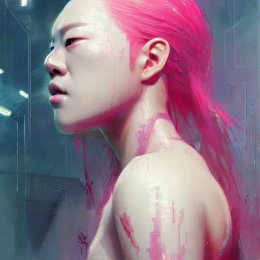 Prompt: lee jin - eun emerging from pink water in cyberpunk theme by greg rutkowski, rule of thirds, face anatomy, coherent symmetry, seductive look, beautiful, refined, masterpiece