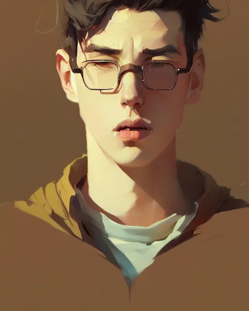 Image similar to hyper - realistic portrait of noble young man by atey ghailan, by greg rutkowski, by greg tocchini, by james gilleard, by joe fenton, by kaethe butcher, dynamic lighting, gradient light yellow, brown, blonde cream and white color scheme, grunge aesthetic