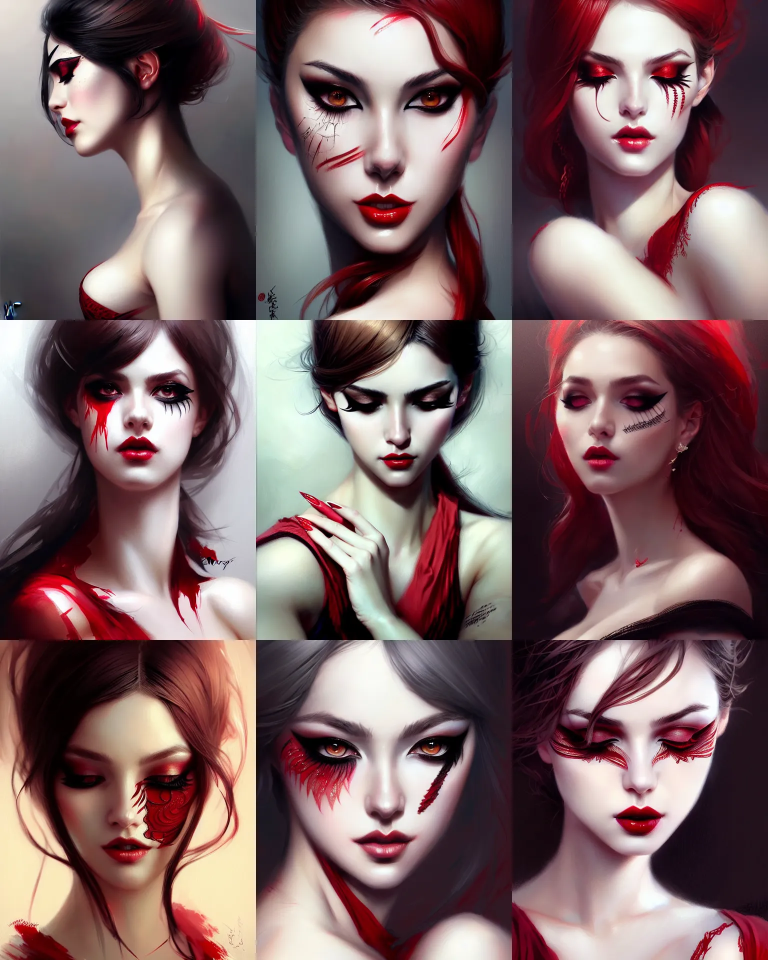 Prompt: woman with eyeliner makeup, lingeries beauty, intricate, elegant, sharp focus, illustration, highly detailed, digital painting, concept art, matte, art by wlop and artgerm and greg rutkowski and ross tran, masterpiece, red and white and black colors