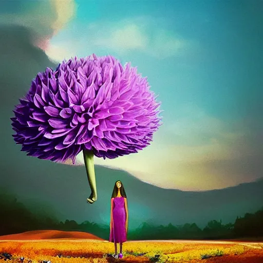 Image similar to portrait, giant purple dahlia flower head, woman in oasis, surreal photography, sunrise, blue sky, dramatic light, impressionist painting, digital painting, artstation, simon stalenhag