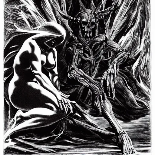 Image similar to In the center of the sculpture is a large gateway that seems to lead into abyss of darkness. On either side of the gateway are two figures, one a demon-like creature, the other a skeletal figure. vector art, cyanotype by Greg Land flowing