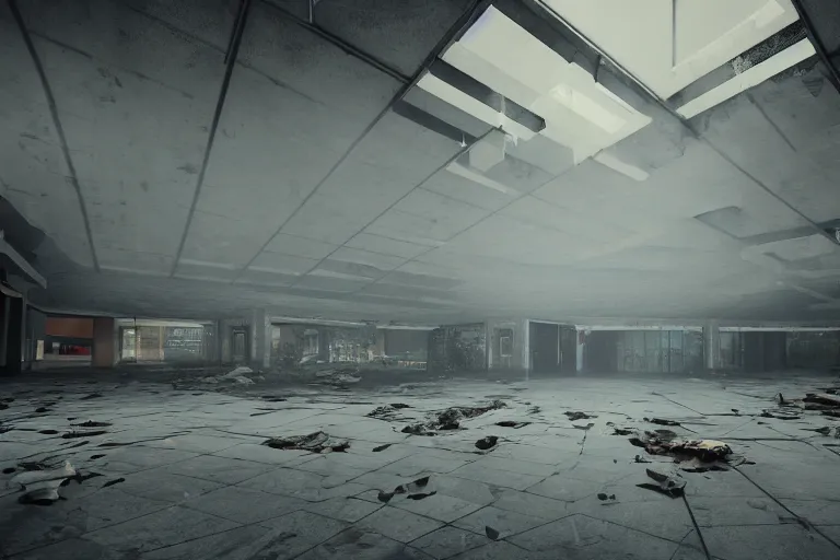 Prompt: low angle photo of a abandoned shopping mall with bodies floating, no gravity, cinematic lightning, ray tracing, unreal engine, photorealistic, detailed, dark, moody, foggy, scary