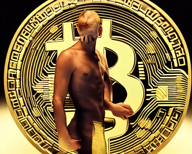 Prompt: attractive oiled up glossy man posing in front of a huge golden bitcoin, angelic light, commercial by annie liebovitz, gaston bussiere, craig mullins, j. c. leyendecker
