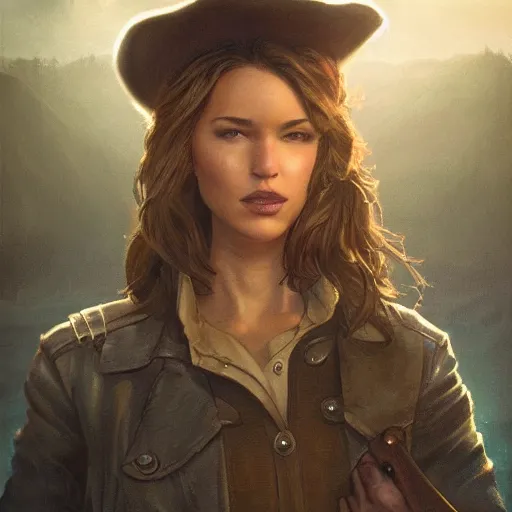 Image similar to fallout 5, charismatic beautiful, rugged, brunette female protagonist wearing a cowboy - hat, portrait, outdoors ruined coastal area, atmospheric lighting, painted, intricate, volumetric lighting, beautiful, spring, sharp focus, warm deep colours, ultra detailed, by leesha hannigan, ross tran, thierry doizon, kai carpenter, ignacio fernandez rios