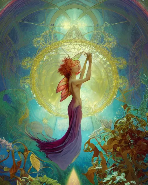 Image similar to the most wonderful fairy dream you ever had, coherent design, symmetry, concept art, trending on artstation vivid color, complementary color, golden ratio, detailed, sharp lines, intricate, rainbowshift, by james gurney, by brian froud, by peter mohrbacher, by alphonse mucha, by maxfield parrish, by karol bak, deviantart, octane render