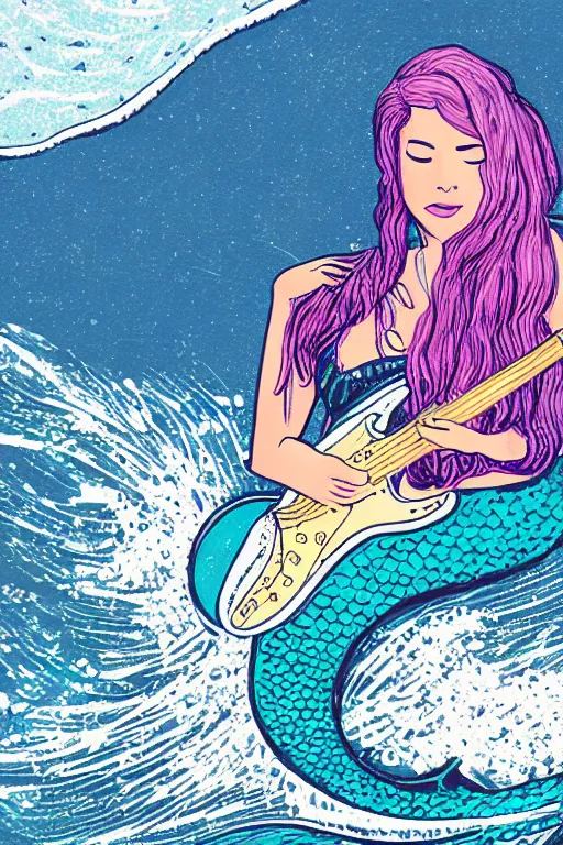 Image similar to illustration of a mermaid playing an stratocaster electric guitar, surf art