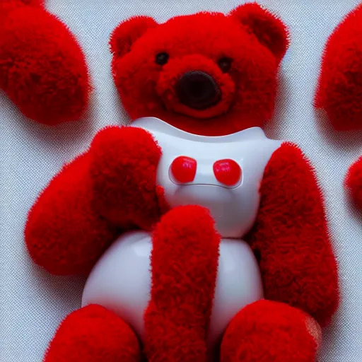 Image similar to a super cute red gummibear is exploding, extreme amount of particles, view from the front, macro lens, on a white table, white background