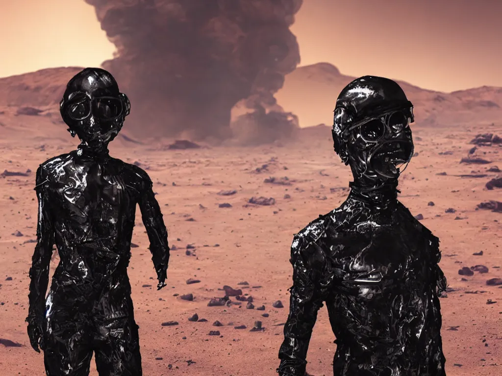 Prompt: portrait of a person partly made of smoke with emo haircut wearing gothy purple and black space spandex suit, standing next to smashed burning spacecraft wreckage, on the surface of mars, highly detailed, dramatic lighting, photorealistic, cinematic