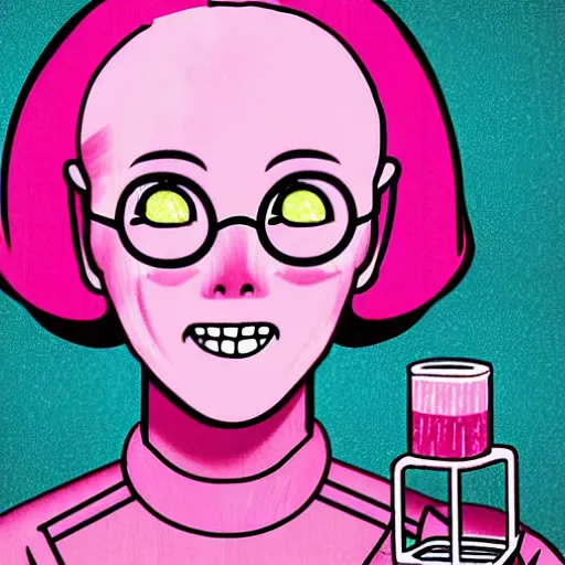 Prompt: realistic retro colored illustration of princess bubblegum by junji ito, with pink hair made of bubblegum, confident scientist performing experiments in her lab, dark retro pulp sci - fi