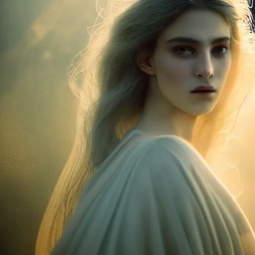 Prompt: photographic portrait of a stunningly beautiful alluring serene stark female ghost in soft dreamy light at sunset, smoke fog dust, god rays contemporary fashion shoot, by edward robert hughes, annie leibovitz and steve mccurry, david lazar, jimmy nelsson, breathtaking, 8 k resolution, extremely detailed, beautiful, establishing shot, artistic, hyperrealistic, beautiful face, octane render