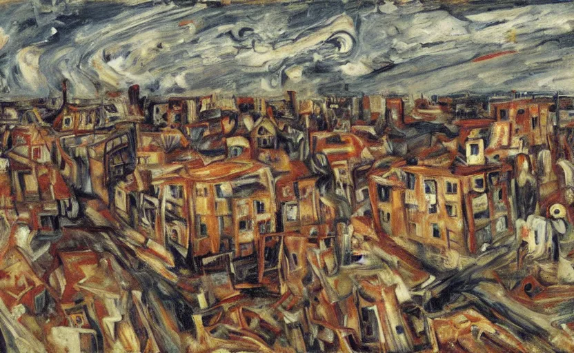 Prompt: a small dying suburban cityscape in style of Chaim Soutine and Frank Auerbach