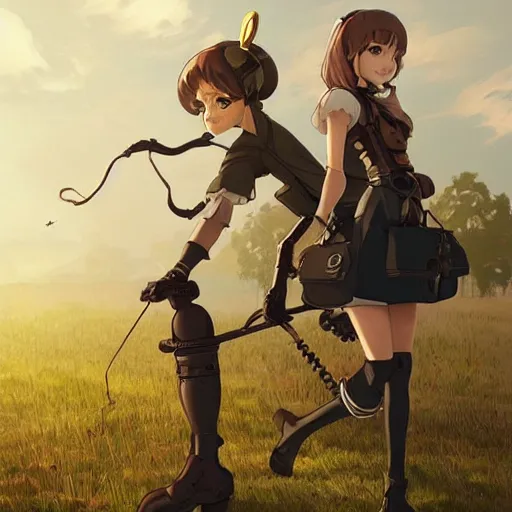 Prompt: girl with steampunk weapons walking with a steampunk robotic crow on her shoulder, serious, finely detailed, made by wlop, studio ghibli, artgerm, full body portrait, illustration, grass, sunny, sky, anime, side view, perfect anime face, detailed face, zoomed out, smooth,