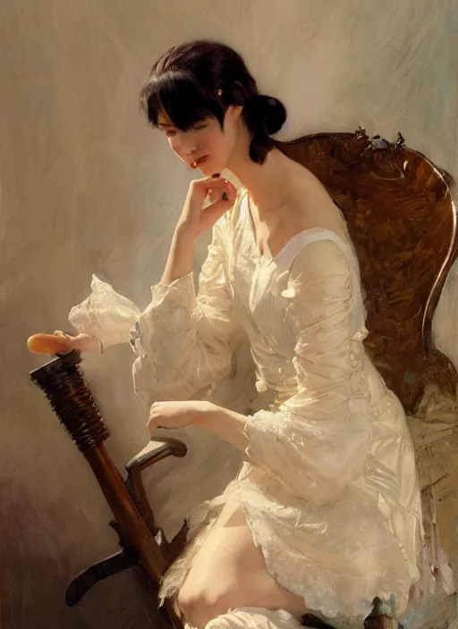 Prompt: a high fashion studio detailed portrait of am charming anime girl, eyes closed, brightly lit, painting by gaston bussiere, craig mullins, j. c. leyendecker