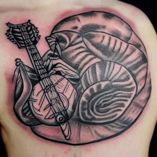 Prompt: snail with the shell of a banjo and rodents are playing the strings, neotraditional tattoo design