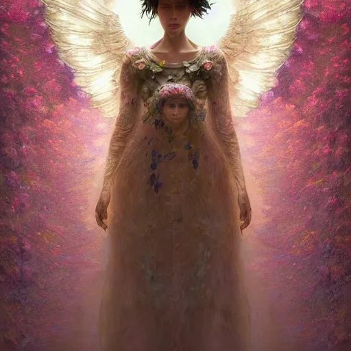 Prompt: A portrait of An angel in a dress made of flowers by Greg Rutkowski and (Yoshitaka Amano) and Zdzisław Beksiński,In style of digital illustration art,Rembrandt lighting,Ray tracing,hyper detailed,sharp focus,Soft light.4k,trending on artstation,oil on canvas
