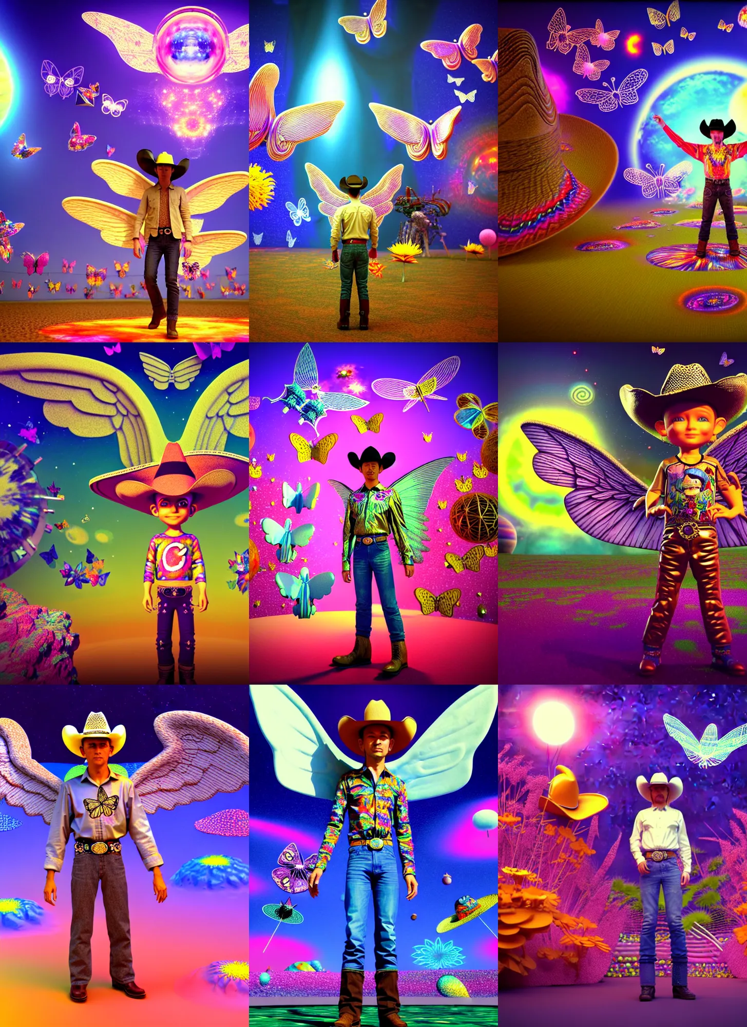 Prompt: vintage cgi 3 d render by micha klein of chibi cyborg wizard space channel 5 planet dob by ichiro tanida wearing angel wings and a big cowboy hat, standing in a big psychedelic landscape background filled with 3 d butterflies and 3 d flowers n the style of old cgi 3 d rendered bryce 3 d, wide frontal view