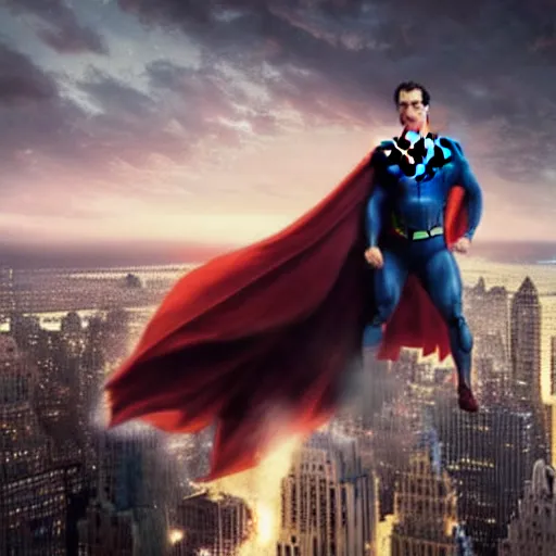 Prompt: Incredible cinematic realistic image of Henry Cavill dressing up the cape as Superman at top of empire state fighting a giant kaiju, destruction over new york, hyper real, intrincate, cinematic global ilumination, dawn, lens flare