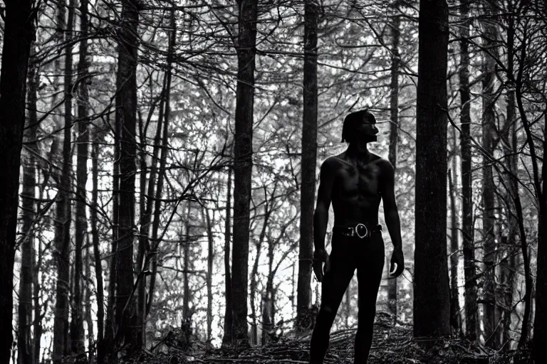 Prompt: crow human, photograph captured in a dark forest