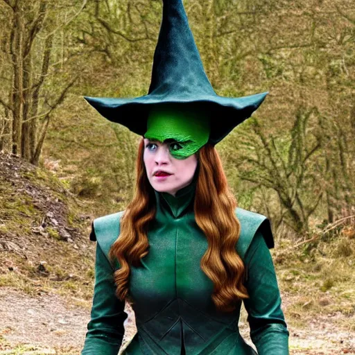 Image similar to the wicked witch of the game of thrones, green skin, witch hat, dragons