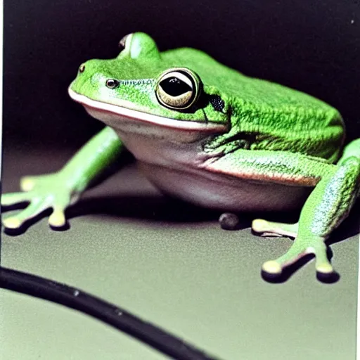 Image similar to A photo of a frog with a hat, he looks very sophisticated, he has a walking stick, polaroid photo