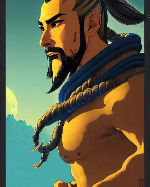 Image similar to hanzo from overwatch, character portrait, portrait, close up, concept art, intricate details, highly detailed, vintage sci - fi poster, retro future, vintage sci - fi art, in the style of chris foss, rodger dean, moebius, michael whelan, and gustave dore