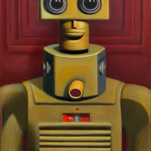 Prompt: brutalist robot with kind eyes portrait, lowbrow, pj crook, grant wood, edward hopper, oil on canvas