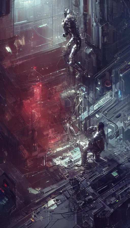 Prompt: Artificial Intelligence kneeling, futuristic, cyberpunk, cyborg, cables, wires, photorealistic, highly detailed, gritty texture, trending in Artstation, Craig Mullins