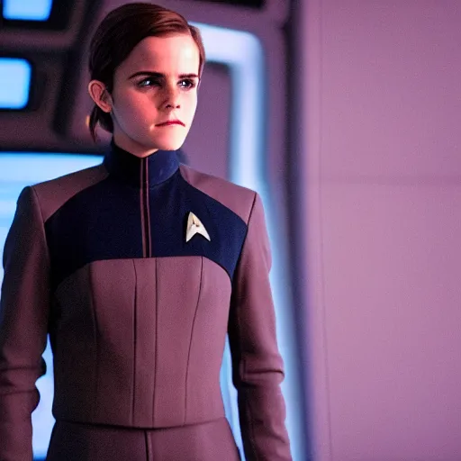 Image similar to Emma Watson in Star Trek, XF IQ4, f/1.4, ISO 200, 1/160s, 8K, Sense of Depth, color and contrast corrected, enhanced, Dolby Vision, symmetrical balance, in-frame