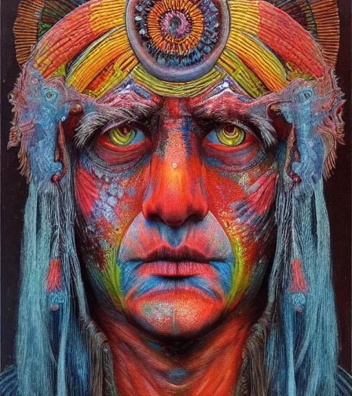 Image similar to Portrait painting in a style of Beksinski mixed with Alex Grey of an old shaman dressed in a colorful traditional clothes. Symmetry