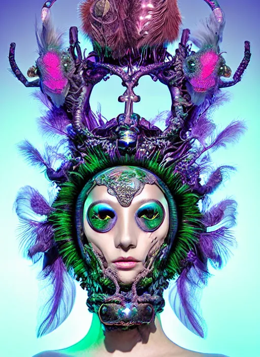 Image similar to 3 d goddess medium shot half - turn portrait with futuristic rococo mycorrhizal fungal implants. beautiful intricately detailed avante garde chameleon mask and alchemical feather and fur sorceress outfit. bioluminescent highlights, polyphony, pulse projections, plasma, creature, artwork by tooth wu and wlop and android jones and beetle and greg rutkowsk