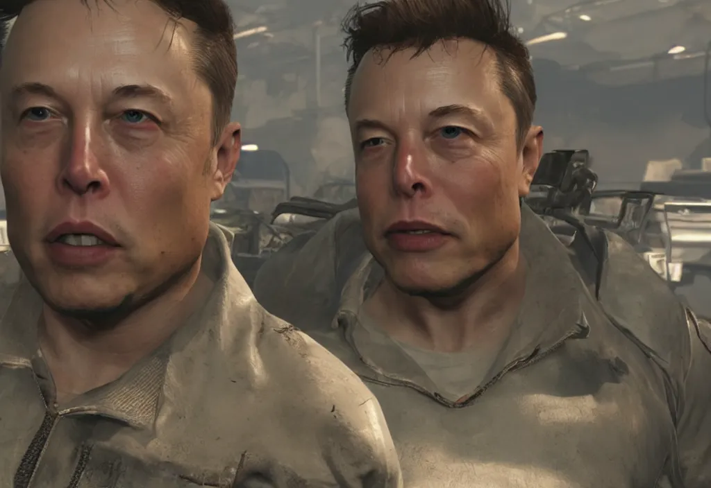 Image similar to elon musk in the video game in fallout 4, apocalyptic wastland, close up, 3 d rendering. unreal engine. amazing likeness. very detailed.