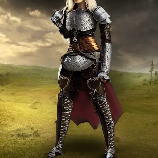 Image similar to a beautiful girl medieval knight in armor full view cinematic, high octane, 4 k