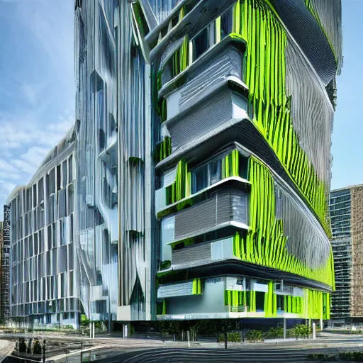 Image similar to building architecture of 2 0 2 5, modern, sleek, clean, green, brightly lit, 8 k, intricate, highly detailed