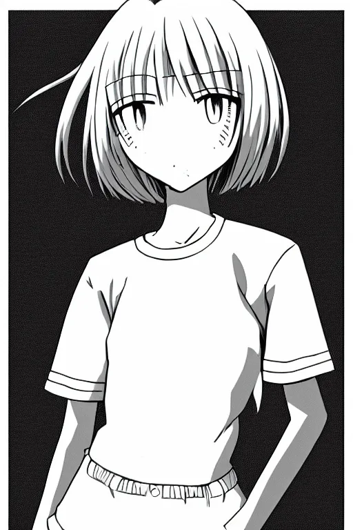 Image similar to portrait of a girl in long pants and a top, hands in pockets, eyes closed, bob haircut, digital art, black and white, lineart by kaoru mori