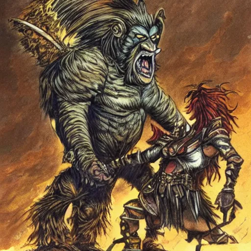 Image similar to a towering bugbear points victoriously at a cowering female human warrior, by Mike Ploog