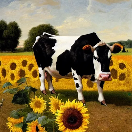 Prompt: portrait of a black and white cow in a beautiful field of sunflowers with a red barn behind it, by Michael Sowa, golden hour, extremely detailed masterpiece, oil on canvas, by J. C. Leyendecker and Peter Paul Rubens and Edward Hopper and Michael Sowa,
