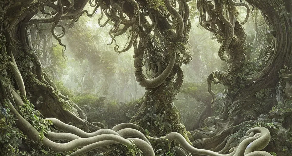 Image similar to elegant marble carving of tentacles, ferdinand knab, breath - taking beautiful trees, streams, flowers, and mist, an aesthetically pleasing, dynamic, energetic, lively, complex, intricate, detailed, well - designed digital art of trees, streams, flowers, and mist, early morning, light and shadow