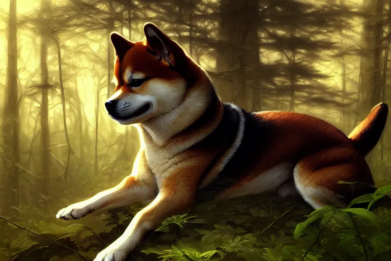 Prompt: Painting of a shiba inu in forest, dark fantasy, intricate, elegant, highly detailed, digital painting, artstation, concept photoset, smooth, sharp focus, photo, art by artgerm and greg rutkowski and alphonse mucha