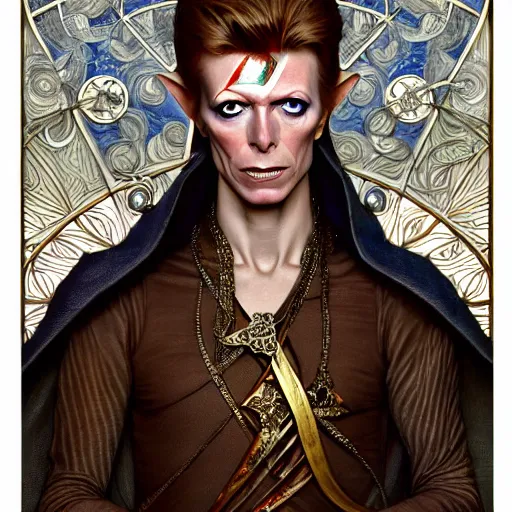 Image similar to full portrait of david bowie as an elven king, fantasy, d & d, intricate, detailed, by by alphonse mucha, adolfo hohenstein, alice russell glenny, stanley artgerm lau, greg rutkowski, detailed, trending on artstation, trending on artstation, smooth