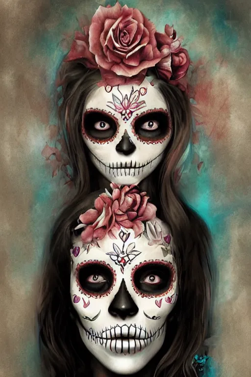 Prompt: illustration of a sugar skull day of the dead girl, art by bastien lecouffe deharme