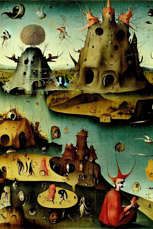 Image similar to a beautiful landscape with weird creatures by hieronymus bosch