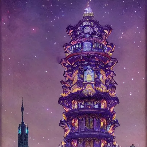 Prompt: purple illusion tower , carving on porcelain , overdetailed art, by greg rutkowski, by Alfons Mucha, complementing colors, magic, colorful lights, fireflies, detailed illustration