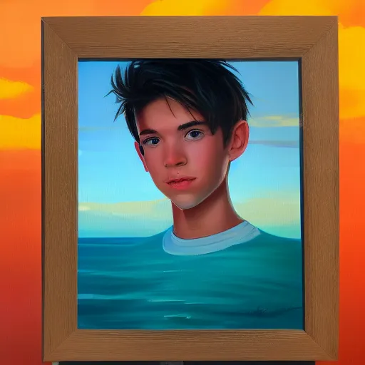 Image similar to an influencer teen guy portrait, sunset, ocean in distance, oil painting, pale colors, high detail, 8 k, wide angle, trending on artstation,