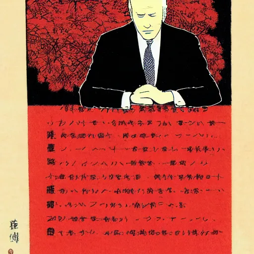 Image similar to Joe Biden writing his death haiku, Japanese woodblock print