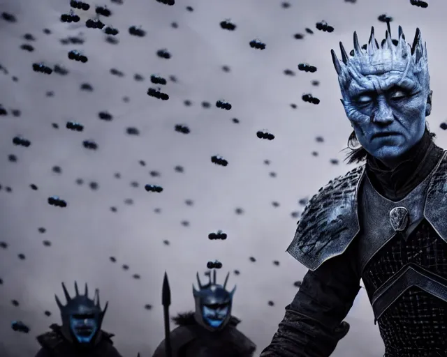 Image similar to justin sun as night king in game of thrones attacked by crimson - black bees, 4 k, epic, cinematic, focus, movie still, fantasy, extreme detail, atmospheric, dark colour, sharp focus