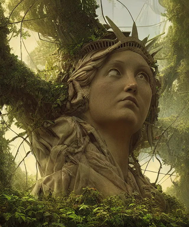 Image similar to highly detailed digital matte painting of an overgrown, abandoned, damaged Lady of Liberty, taken back by nature, vines, nature. Full shot. By Raphael LaCoste and Ruan Jia and Robert McCall, postcyberpunk, geodesic dome, hyperdetailed, sunrise, wide shot, autochrome, octane render