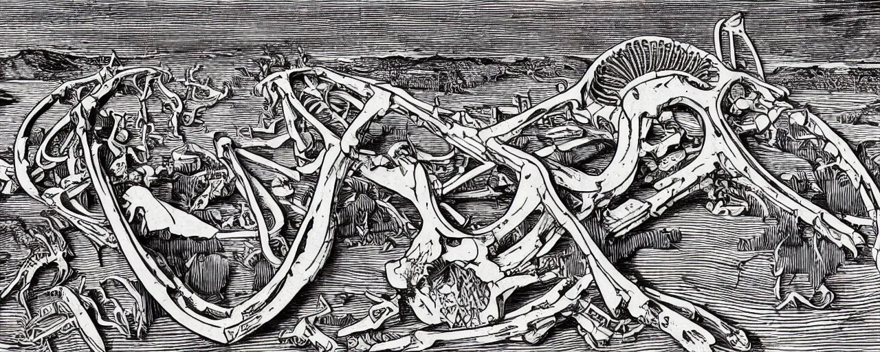 Prompt: Elaborate isometric wallpaper print of A Whale Skeleton in the Sonora Desert in the style of Albrecht Durer and Martin Schongauer, high contrast!! finely carved woodcut engraving black and white crisp edges