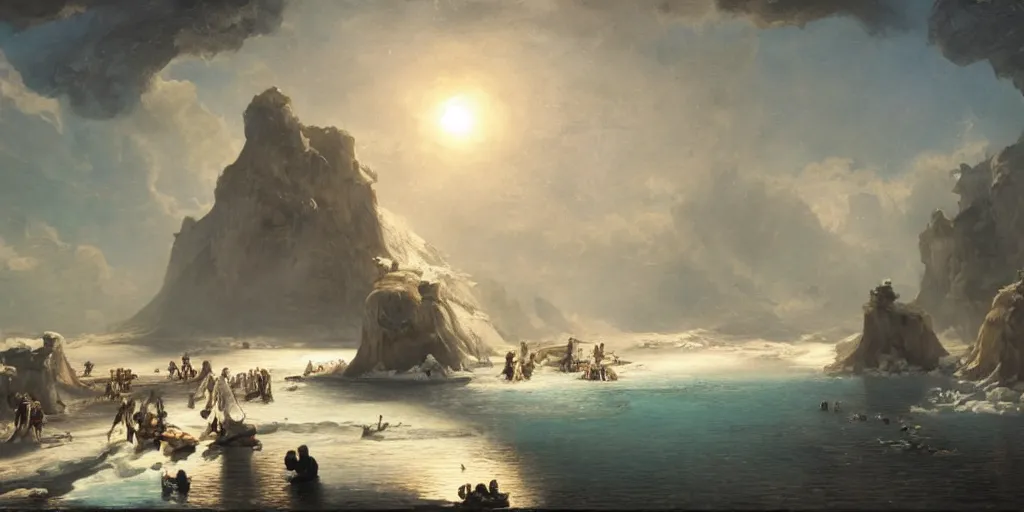 Image similar to The shadow of the dome of pleasure Floated midway on the waves; Where was heard the mingled measure From the fountain and the caves. It was a miracle of rare device, A sunny pleasure-dome with caves of ice!, cinematic lighting, detailed oil painting, hyperrealistic, 8k