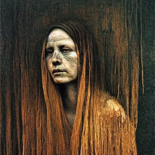 Prompt: portrait of 1000 years old girl, painting by Beksinski